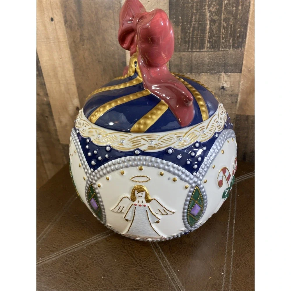 JCPenney Christmas Cookie Jar With Bow Top Christmas Trees Angels Gold Trim Vtg